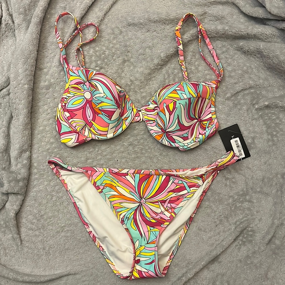 Kate Spade Pink Yellow Floral Underwire Bikini Size Large New
